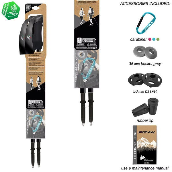FIZAN Compact Trekking Poles – accessories included: carabiner, baskets, rubber tips, instruction manual, orange colorway