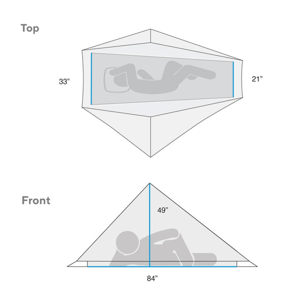 Gossamer Gear The One V2 dimensions diagram: top view 33in x 21in floor, front view 49in peak height, 84in length