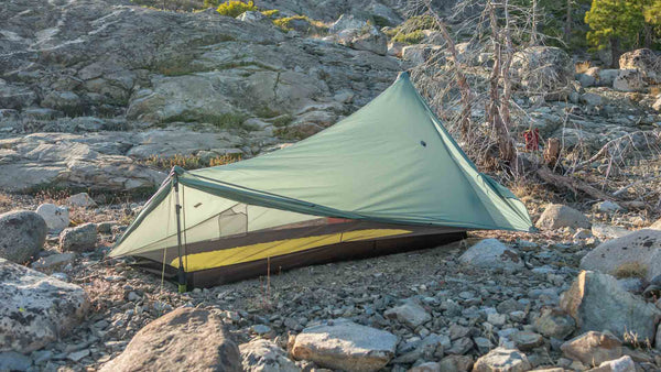 Tarptent ProTrek pitched, high-angle view on rocky ground