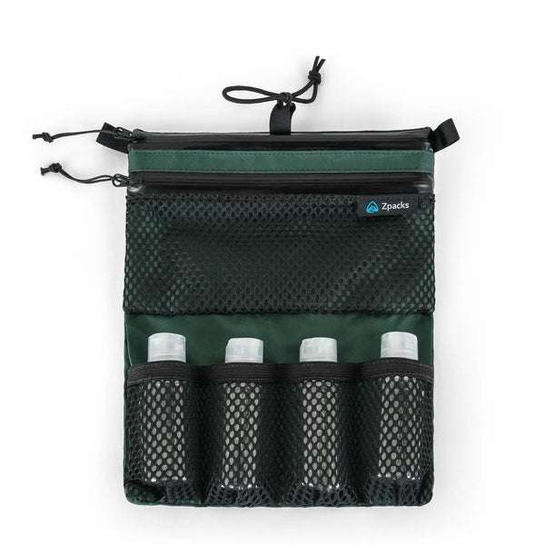 Zpacks Shower Satchel in green – open flat with toiletry bottles