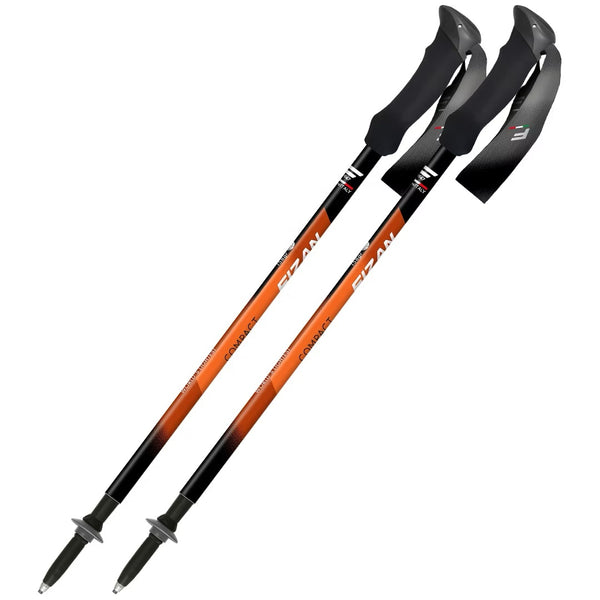 FIZAN Compact Trekking Poles – pair of poles in orange, angled studio view