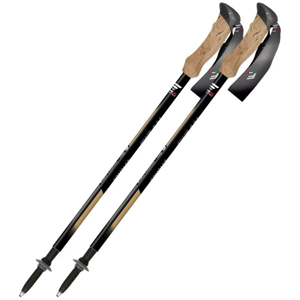 FIZAN Compact Trekking Poles – pair of poles in beige/gold with cork grip, angled studio view