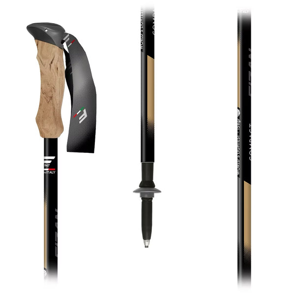 FIZAN Compact Trekking Poles – beige/gold shaft with cork grip detail, studio view