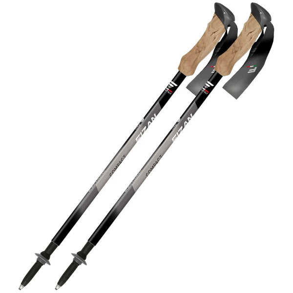 FIZAN Compact Trekking Poles – pair of poles with grey shaft and cork grip, angled studio view
