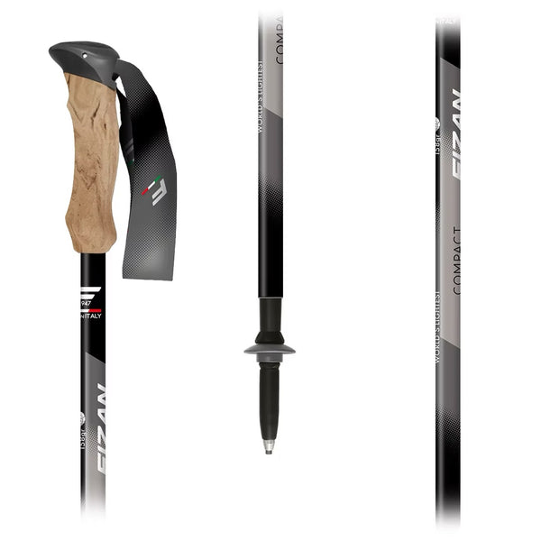 FIZAN Compact Trekking Poles – grey shaft with cork grip detail, studio view