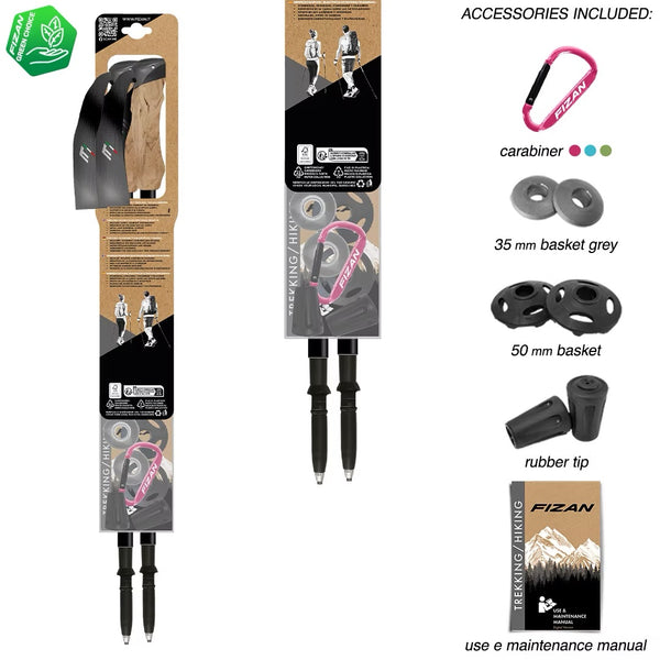FIZAN Compact Trekking Poles – accessories included: carabiner, baskets, rubber tips, instruction manual, grey colorway