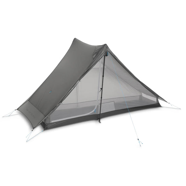 Gossamer Gear The One V2 – angled view with door open, trekking pole and mesh floor visible