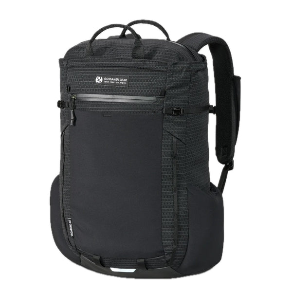 Gossamer Gear Vagabond Jet V2 travel backpack in black, angled front studio view