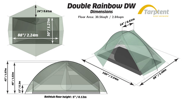 A dimension diagram for the Tarptent Double Rainbow DW tent, showing three views with labeled measurements for floor area, height, and bathtub floor height on a white background.