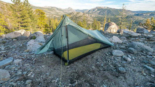Tarptent ProTrek pitched, angled front view with mountain views