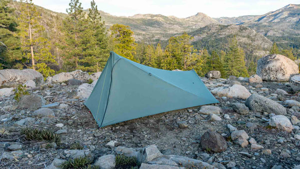 Tarptent ProTrek pitched low profile with a mountain backdrop
