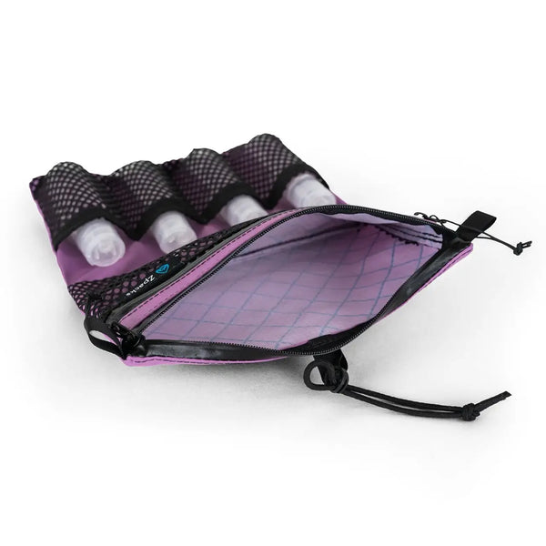 Zpacks Shower Satchel in lilac – open flat with bottles in mesh